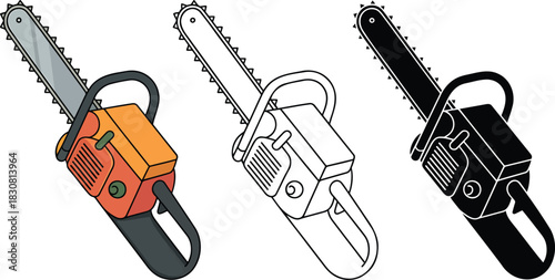Chain Saw silhouette & Outline and illustration set isolated on transparent background