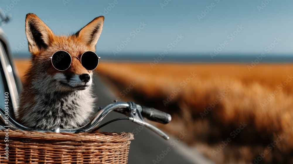 Naklejka premium A stylish fox wearing sunglasses enjoys a scenic bike ride in a rural landscape, capturing a whimsical and playful moment in nature with vibrant surroundings.