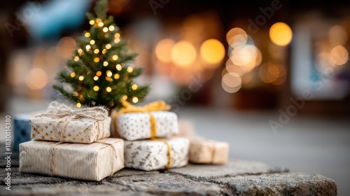 A charming display of a decorated Christmas tree surrounded by beautifully wrapped gift boxes, evoking the spirit of celebration and joy during the holiday season.