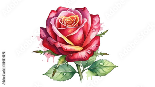 Elegant Watercolor Rose Illustration with Dew Drops for Creative Projects