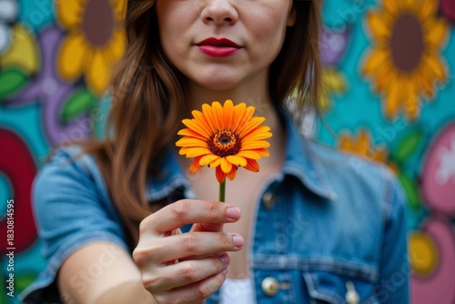 Fototapeta Naklejka Na Ścianę i Meble -  A Woman Holding a Colorful Flower with Graffiti in the Background