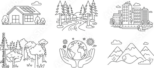Environmental Protection And City Life Line Art Icons nature house