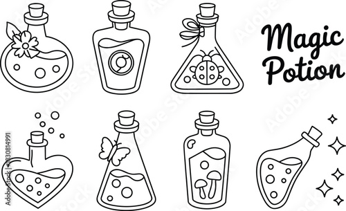 Hand Drawn Magic Potions and Bubbles With Ladybug And Butterfly bottle fantasy
