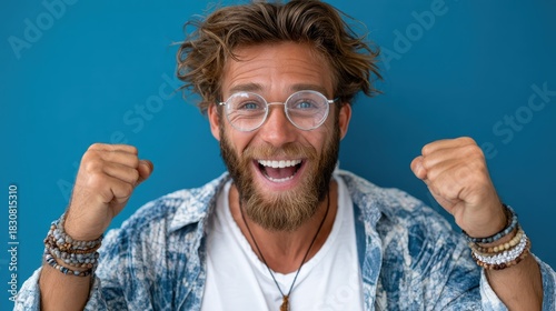 A cheerful young man with glasses expresses pure joy and excitement, showcasing his happiness through an enthusiastic pose in front of a vibrant blue background.