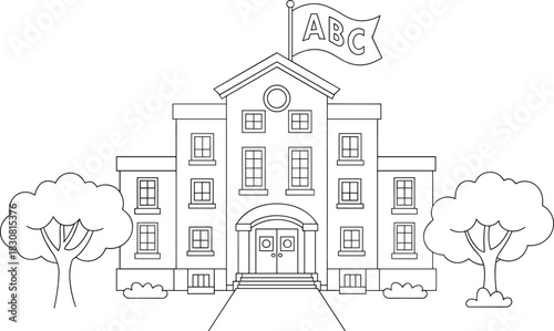 Outline Drawing of a School Building with Trees and ABC Flag Keywords: school, building
