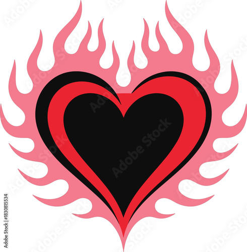 Red and black heart with pink flames on a white background Keywords: heart, love, flames, fire