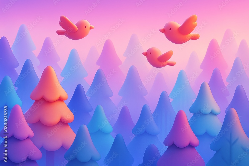 Naklejka premium Whimsical forest of pastel-colored trees with three stylized birds flying in soft light against a dreamy gradient background at sunrise. Ai generative