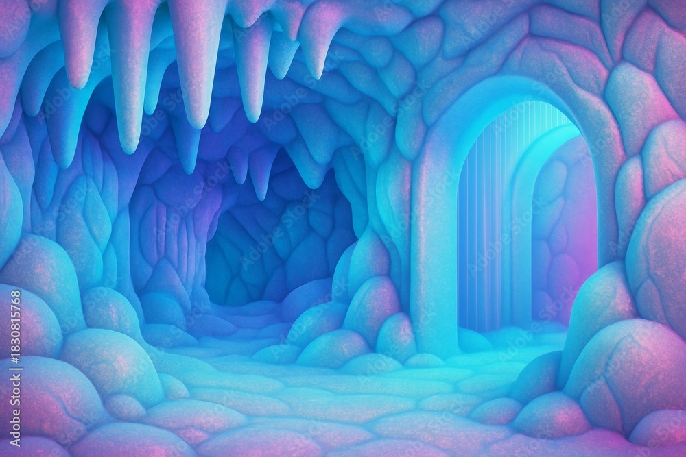 Fototapeta premium Fantasy glowing cave interior with colorful stones and magical archway in soft dreamy light, perfect for creative background usage. Ai generative