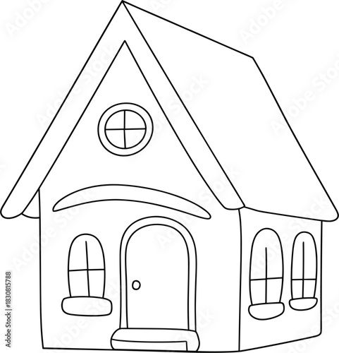 Simple Outline Drawing of a Cartoon House with Windows and Door Keywords: house, home, building