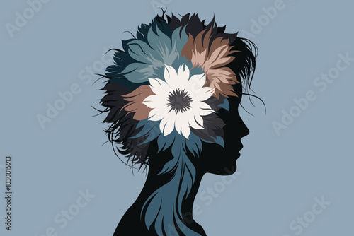 Girl, woman, flowers, love, think, mind, artwork 