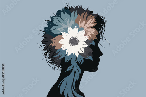 Girl, woman, flowers, love, think, mind, artwork 