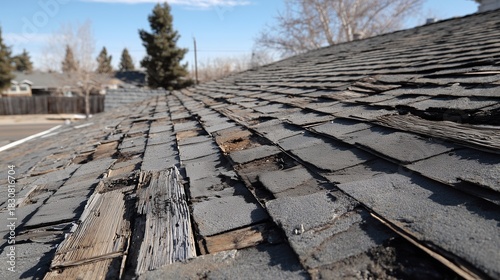 Worn and buckled asphalt shingle roof with visible deterioration indicating need for roof repair and replacement.