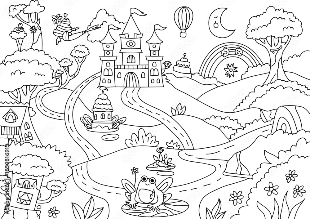 Naklejka premium Whimsical Fantasy Landscape with Castle, Frog, and Rainbow Keywords: fantasy, landscape, castle
