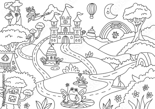 Whimsical Fantasy Landscape with Castle, Frog, and Rainbow Keywords: fantasy, landscape, castle