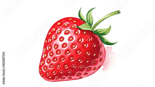 Watercolor illustration of a single ripe strawberry with green leaves and stem, isolated on white
