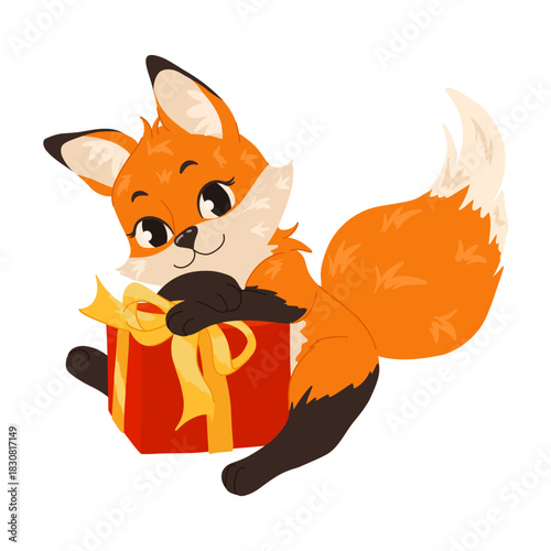 Cute vixen holding a red gift box with a yellow ribbon. Christmas vector cartoon fox animal illustration for holiday cards, children’s designs, winter decor, sticker and print