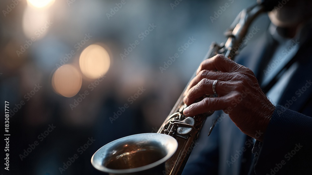 Obraz premium A skilled musician passionately plays a saxophone, capturing the essence of jazz amidst a warm, blurred background, evoking a sense of intimacy and artistic expression.