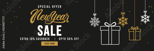 Elegant New Year sale banner with black background, gold and white typography, hanging snowflake ornaments and stars, promoting special offer holiday discount. 
