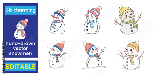 Six charming, hand-drawn vector snowmen illustrations wearing colorful winter hats and striped scarves, perfect for holiday greetings, Christmas designs, winter themes, and seasonal projects, featurin