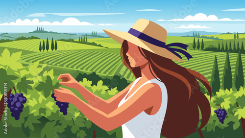 Woman in a hat harvesting grapes in a vineyard, sunny day, scenic landscape, agriculture, winemaking illustration