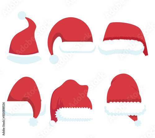A collection of six santa hats with white trim and pom poms arranged on a white background in a grid