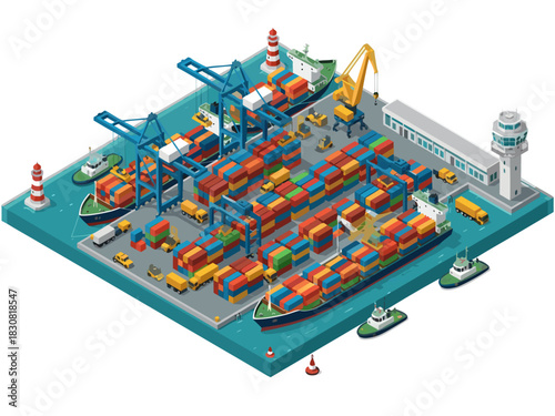 Isometric View of a Busy International Cargo Port with Container Ships, Loading Cranes, and Freight Logistics Operations