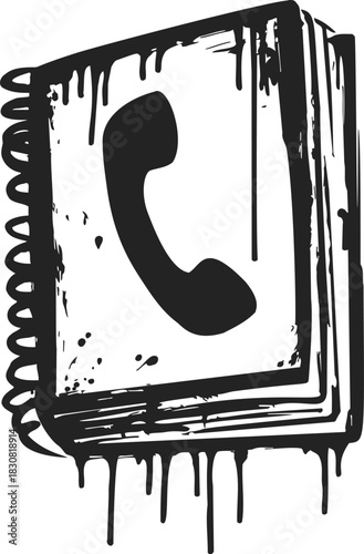 Telephone directory sketch hand drawn with spiral binding and dripping ink effect. Vector illustration