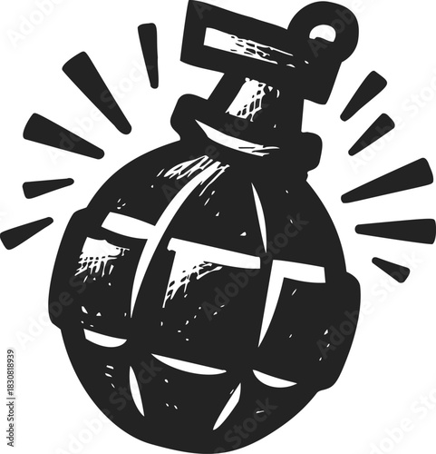 Hand grenade sketch, hand drawn, bold black and white explosive icon. Vector illustration