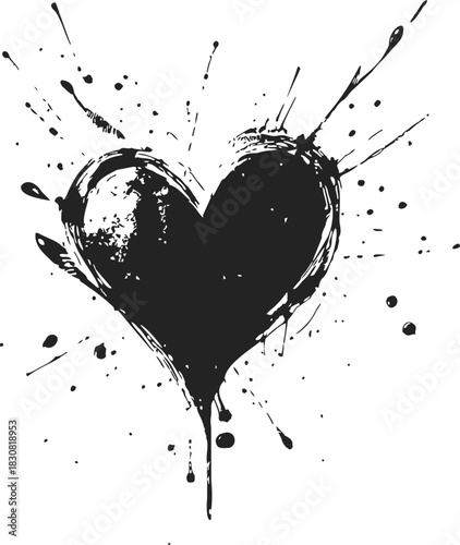Heart ink splatter sketch, hand drawn grunge style with dynamic paint splashes. Vector illustration