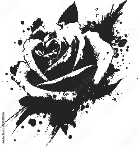 Rose sketch hand drawn black ink splatter style with bold expressive strokes. Vector illustration