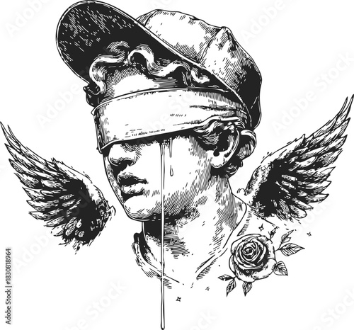 Blindfolded statue head sketch with cap, wings, rose, and tears. Vector illustration