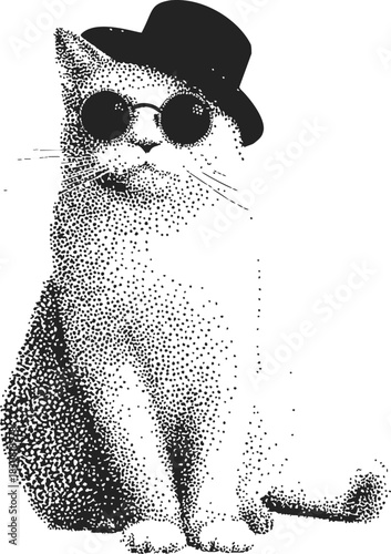 Cat wearing sunglasses and hat, sketch hand drawn style, sitting pose. Vector illustration