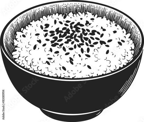 Bowl of rice sketch with sesame seeds, hand drawn black and white style. Vector illustration