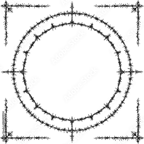 Barbed wire frame sketch, hand drawn circular and corner border design. Vector illustration