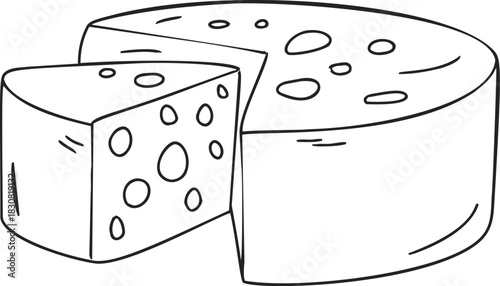 Cheese blocks and wheel, hand drawn sketch line art, dairy food illustration. Vector illustration
