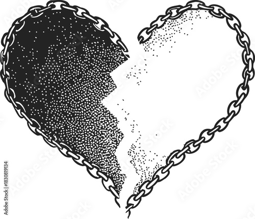 Broken heart with chain outline, sketch hand drawn style, half dissolving. Vector illustration