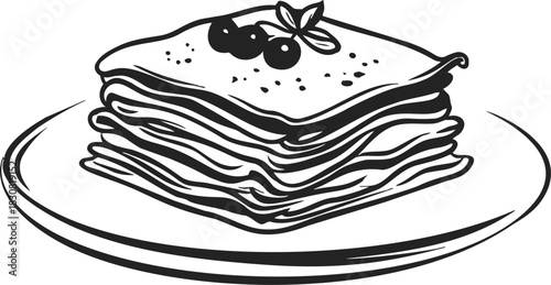 Lasagna sketch hand drawn on plate with garnish and layered pasta. Vector illustration