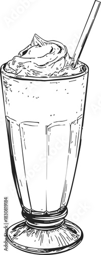 Milkshake sketch hand drawn in tall glass with whipped cream and straw. Vector illustration