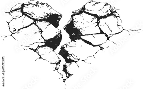 Broken heart cracked ground sketch, hand drawn line art symbolizing heartbreak. Vector illustration