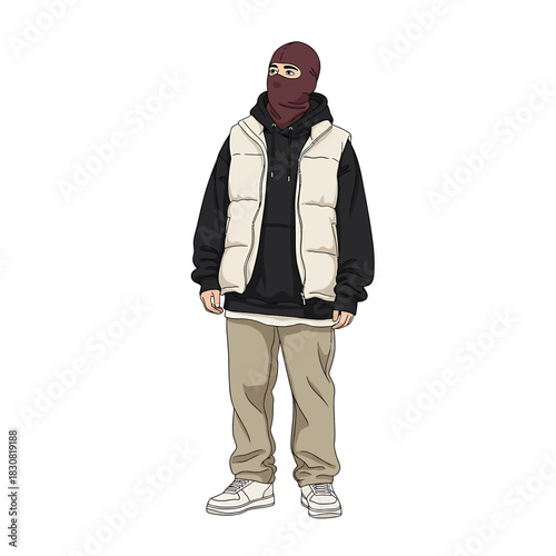A person wearing a balaclava, hoodie, vest, pants, and sneakers, standing.