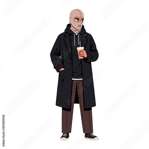 A person wearing a balaclava, black hoodie, and long overcoat while holding a plastic cup with a drink.