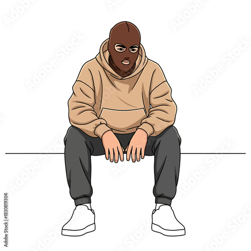 A person wearing a brown ski mask and a tan hoodie sits with their hands resting on their knees.