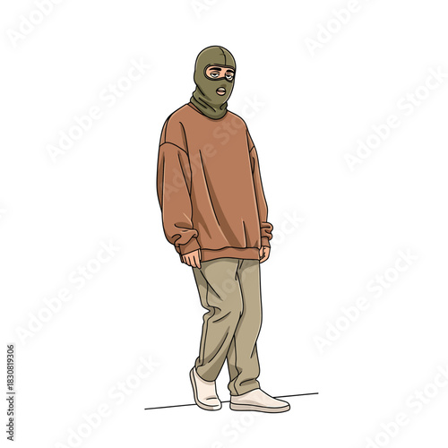 A person wearing a balaclava and oversized casual clothing, standing in a minimalist illustration style.