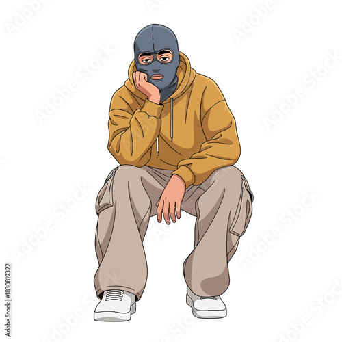 Cartoon illustration of a person wearing a ski mask and a yellow hoodie, sitting with a bored expression.