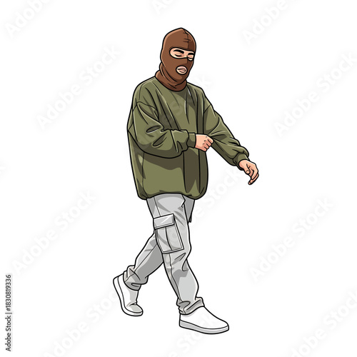 A cartoon illustration of a person walking while wearing a brown balaclava, green sweatshirt, and cargo pants.