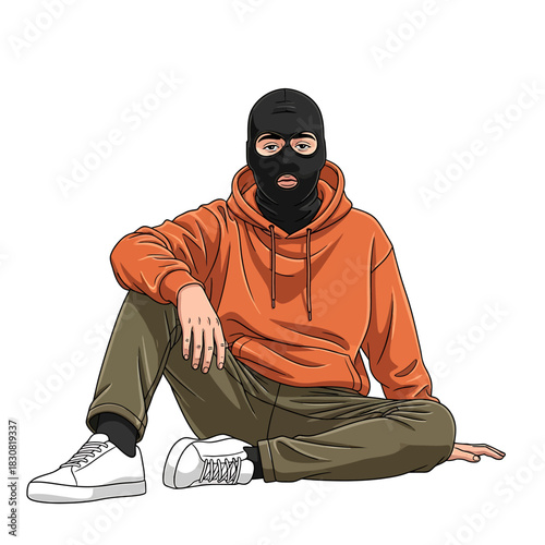 A person wearing an orange hoodie and a black balaclava sits on the floor with their legs crossed.