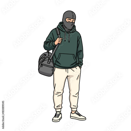 Illustration of a person wearing a dark green hoodie, light sweatpants, and a grey balaclava, carrying a duffel bag over their shoulder.