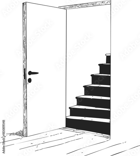 Staircase, hand drawn sketch, interior stairs ascending through open doorway. Vector illustration