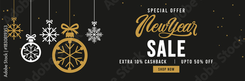 Elegant New Year sale banner with black background, gold and white typography, hanging snowflake ornaments and stars, promoting special offer holiday discount. 