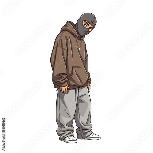Illustration of a person wearing a brown hoodie, grey pants, and a balaclava, looking down.
